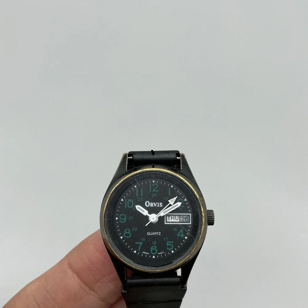 Vintage Orvis Womens Watch 24mm Black Dial Rubber Strap Day Date New Battery